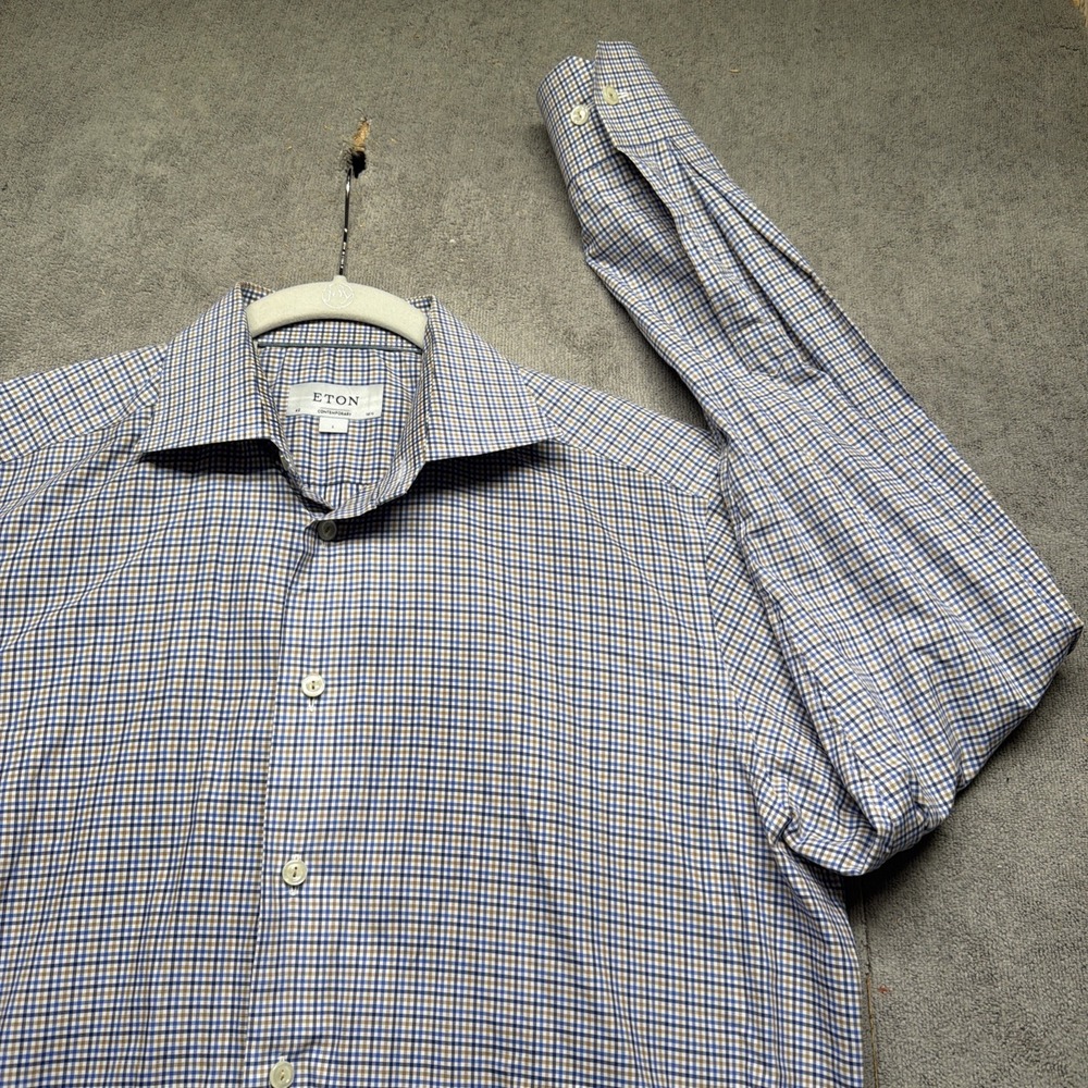 Eton Men's Blue Plaid Button Up Shirt Large